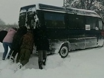 В Черняховске пассажиры вытолкали застрявшую в снегу маршрутку